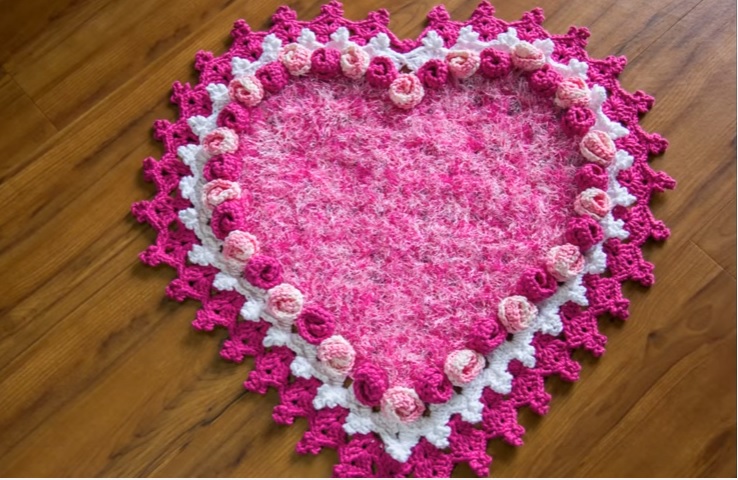 Tapete Coração Botão de Rosa Crochê – Material e Como Fazer
