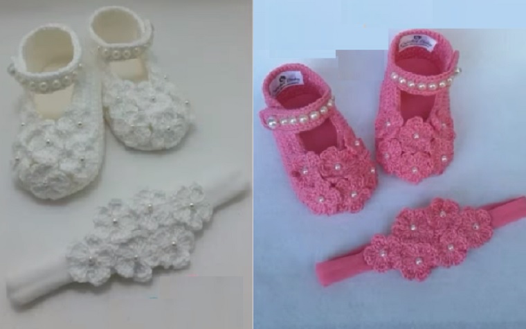 Sapatinho e Tiara Flores de Bebê Em Crochê – Material e Vídeo