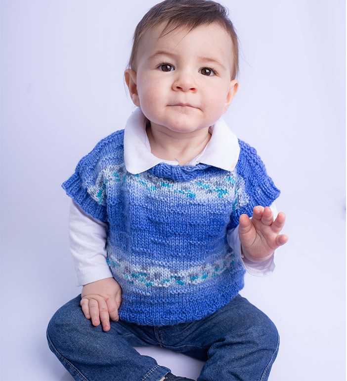 Colete Azul Print Baby Em Tricô – Material e Receita